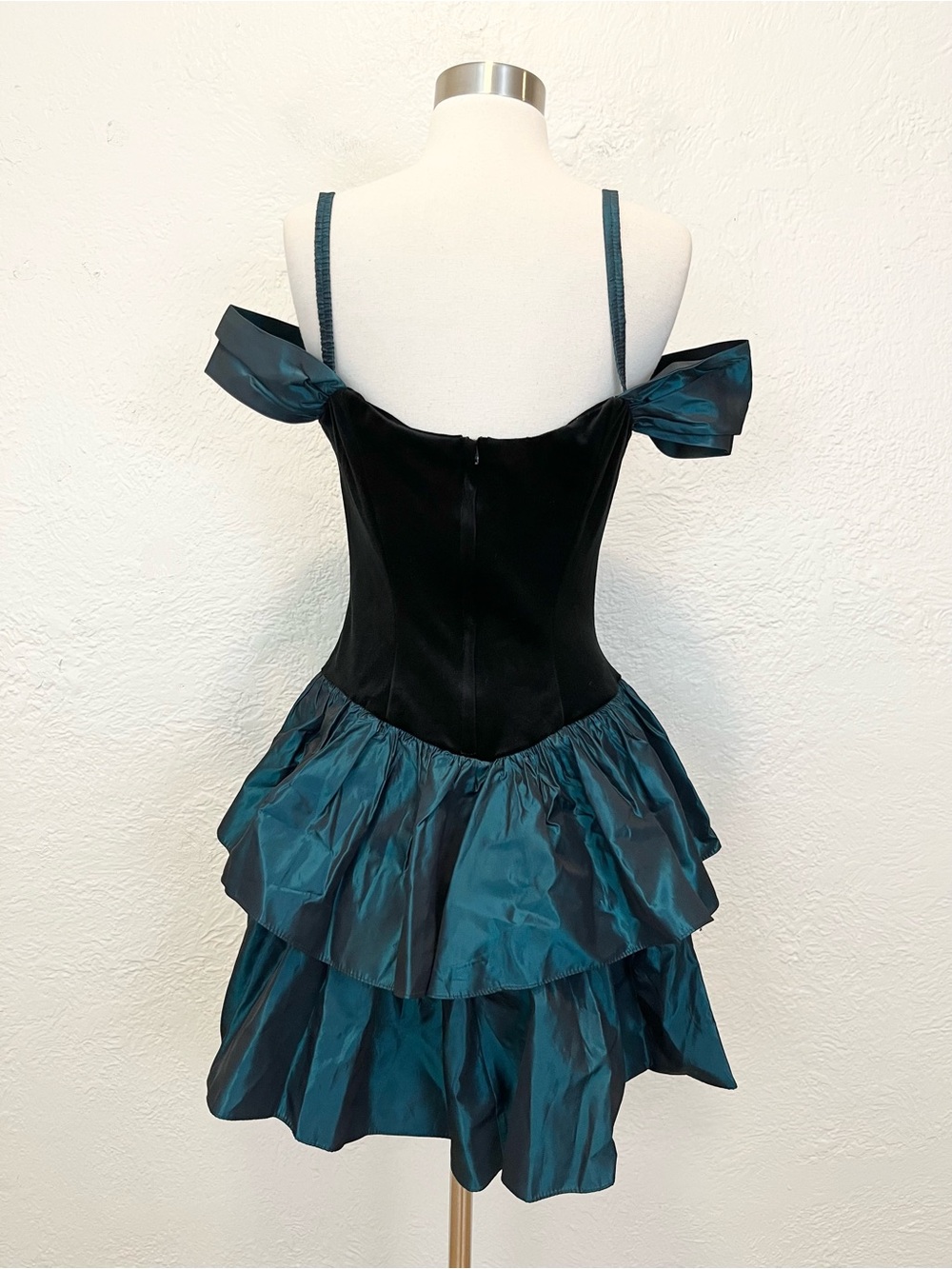 Vintage Mini Dress Black Velvet Teal Blue Taffeta Ruffle HOCO 9 Medium - Picture 9 of 14